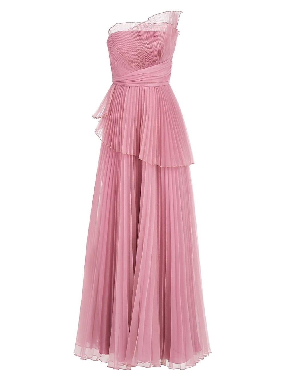 Theia One-Shoulder Pleated Chiffon Gown in Dusty Rose